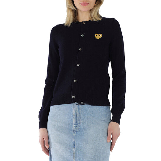 Original Comme des Garcons Ladies Gold Heart Crewneck Cardigan in Navy