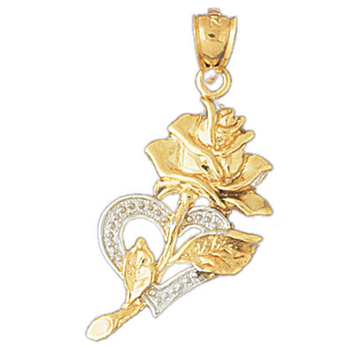 14 Karat Gold Double Heart Pendant With popular Rose Gold Flowers