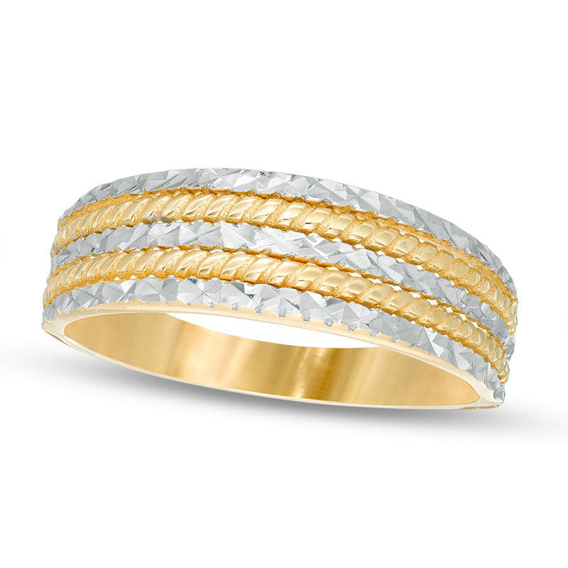 Alternating Natural Diamond-Cut and Rope Five Row Ring in Solid 14K  Two-Tone Gold - Size 7