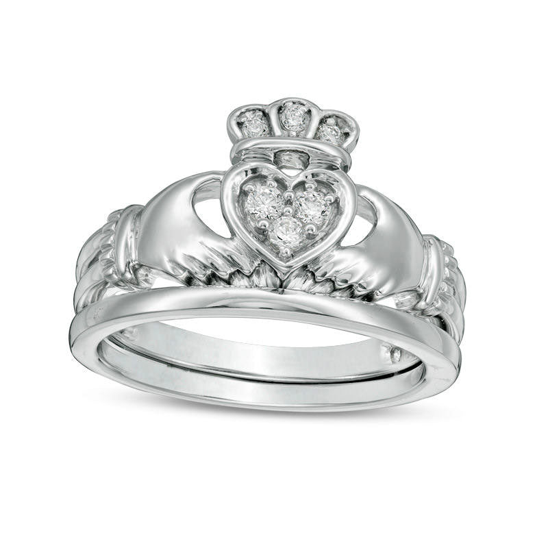 White Gold Claddagh Engagement and Wedding Ring Set