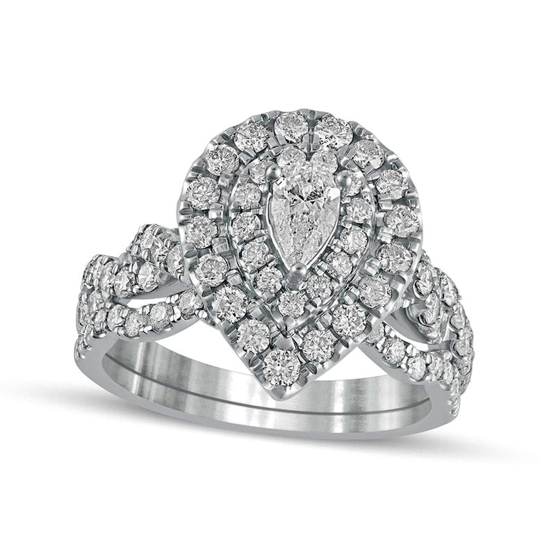 2 Ct. T.W. Pear-Shaped Multi-Diamond Double Frame Multi-Row Vintage-Style Engagement Ring in 10K White Gold (J/I3)