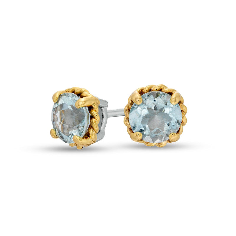 6.0mm Aquamarine Solitaire Rope-Textured Frame Stud Earrings in Sterling  Silver and 10K Gold