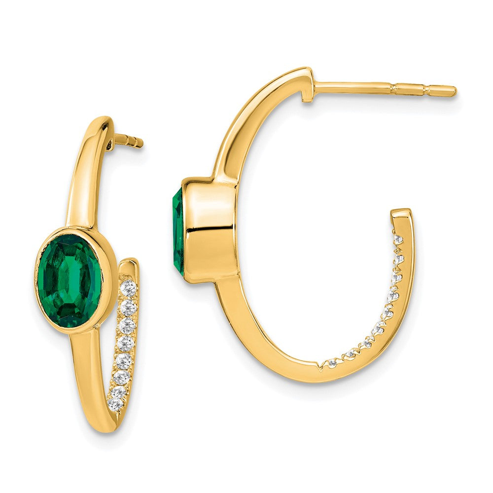 14k Yellow Gold Oval Emerald And Diamond Earrings