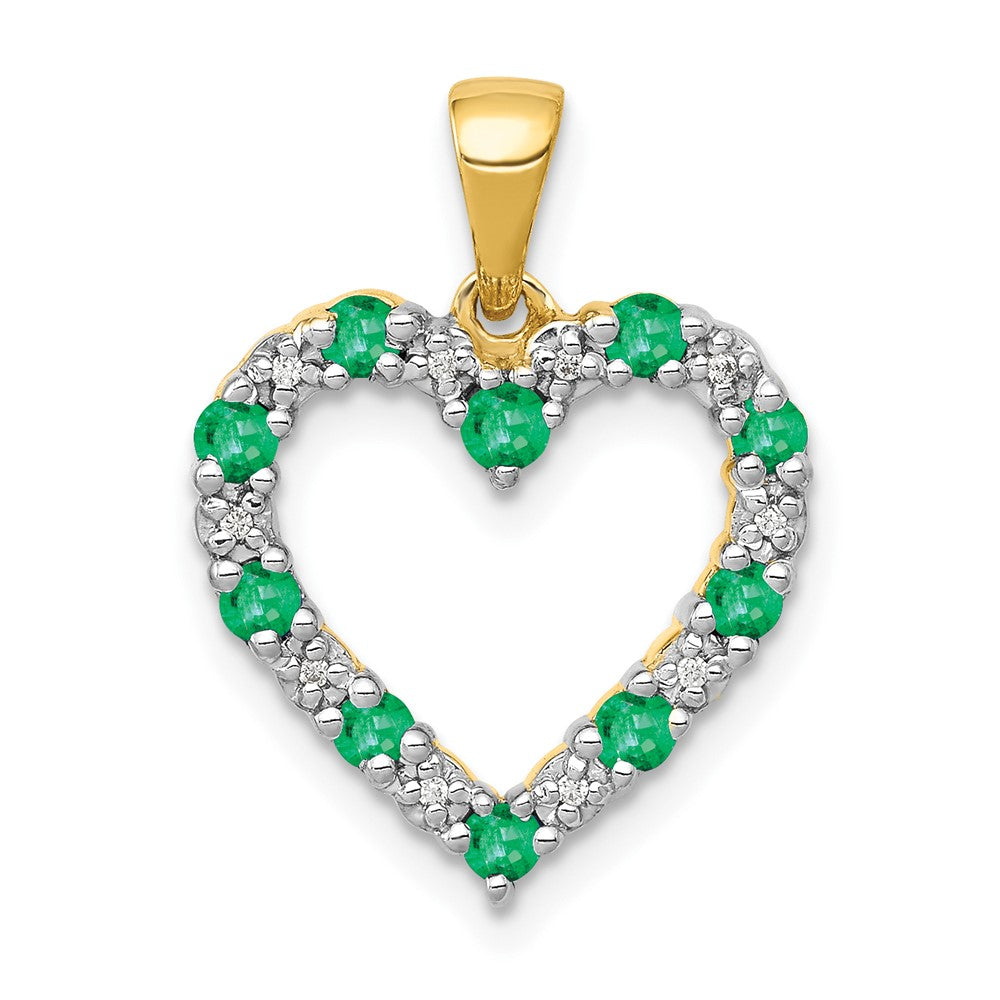 10K Yellow Gold Open Heart high quality Pendant with Emeralds and Diamonds