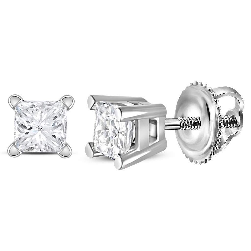 14k White Gold Unisex Princess Diamond Solitaire Stud Earrings 1/4