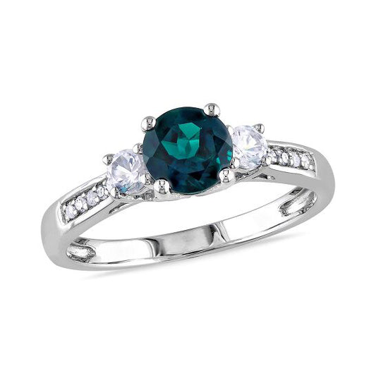 Original 0.05 CT Diamond TW And 1 1/8 CT TGW Created Emerald Created White Sapphire 3 Stone Ring 10k White Gold GH I2;I3