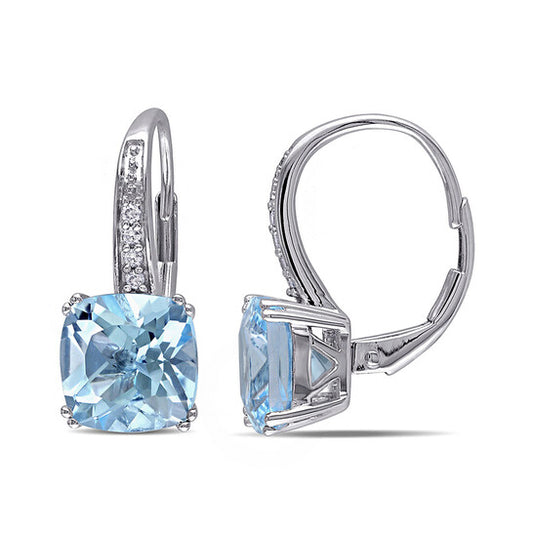 Original AMOUR 5 CT TGW Cushion Cut Sky-blue Topaz Leverback Earrings with Diamonds In 10K White Gold