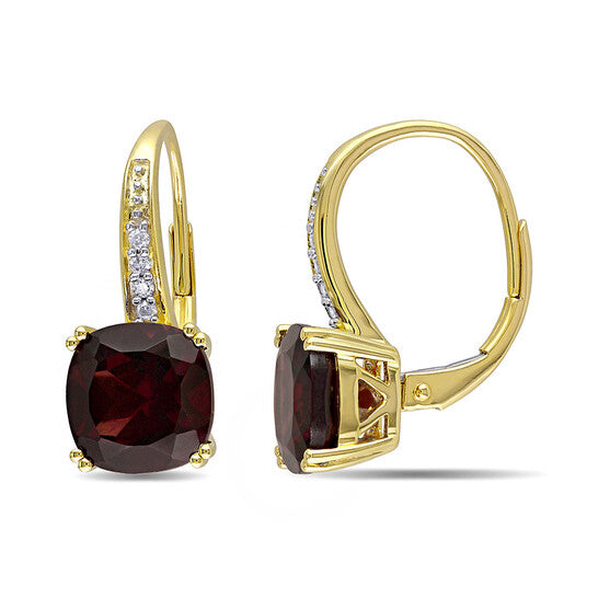 Original AMOUR 6 1/6 CT TGW Cushion Cut Garnet Leverback Earrings with Diamonds In 10K Yellow Gold