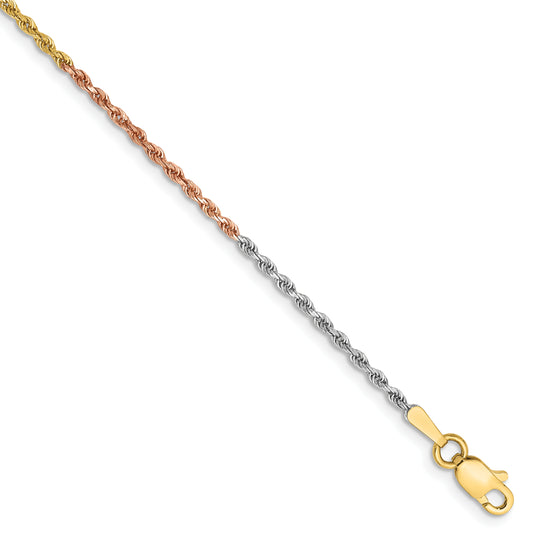 14k Tri-Color Tri-colored 8 inch 1.5mm Diamond-cut Rope with Lobster Clasp Chain