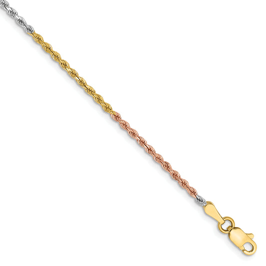 14k Tri-Color Tri-colored 7 inch 1.75mm Diamond-cut Rope with Lobster Clasp Chain