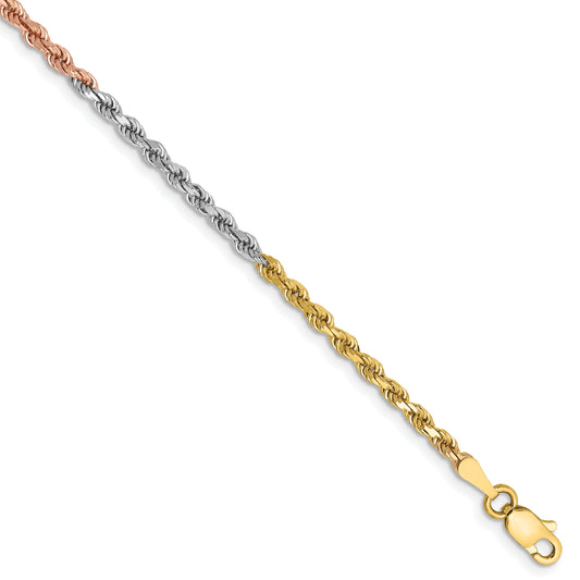 14k Tri-Color Tri-colored 8 inch 2.5mm Diamond-cut Rope with Lobster Clasp Chain