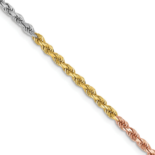 14k Tri-Color Tri-colored 16 inch 2.5mm Diamond-cut Rope with Lobster Clasp Chain