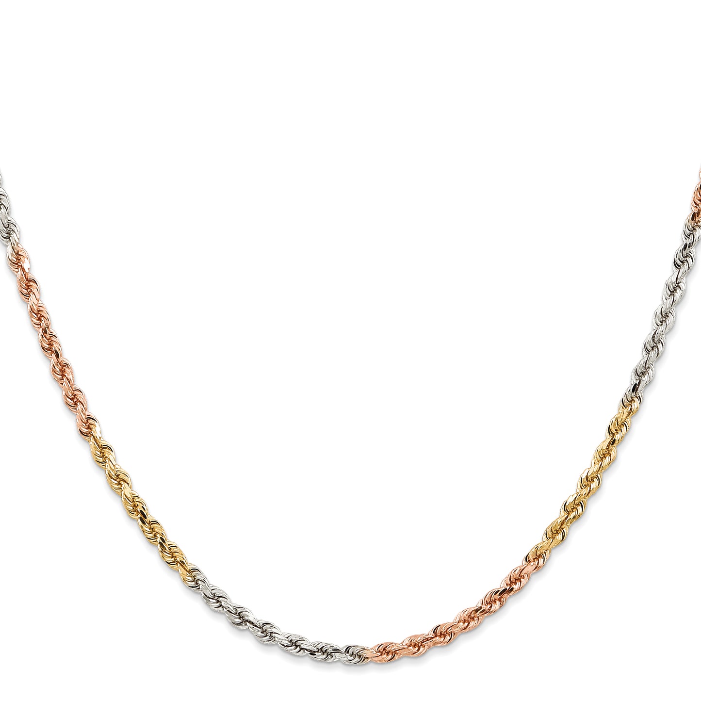 14k Tri-Color Tri-colored 24 inch 2.9mm Diamond-cut Rope with Lobster Clasp Chain