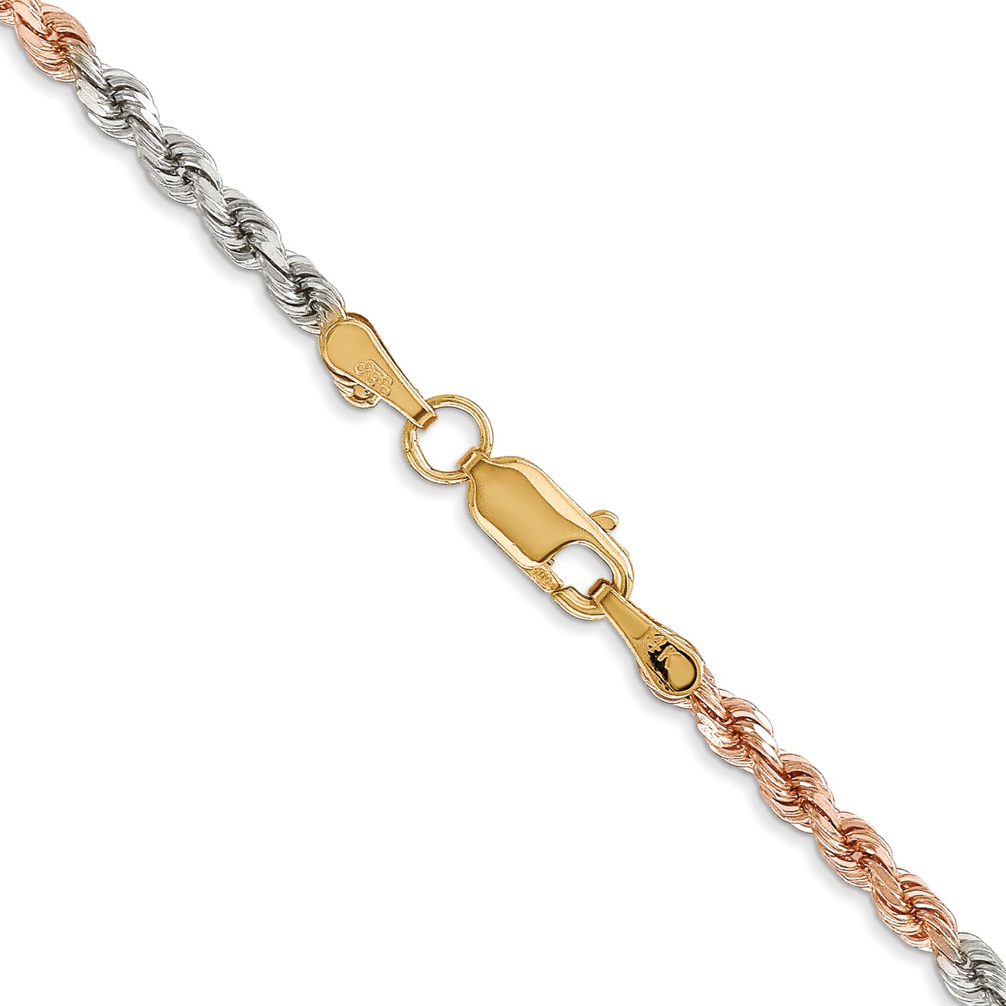 14k Tri-Color Tri-colored 24 inch 2.9mm Diamond-cut Rope with Lobster Clasp Chain