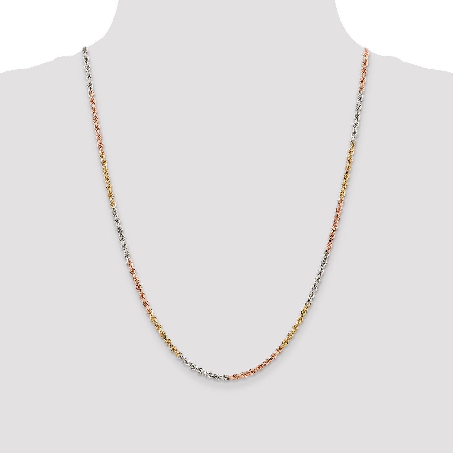 14k Tri-Color Tri-colored 24 inch 2.9mm Diamond-cut Rope with Lobster Clasp Chain