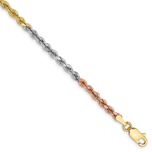 14k Tri-Color Tri-colored 7 inch 2.9mm Diamond-cut Rope with Lobster Clasp Chain