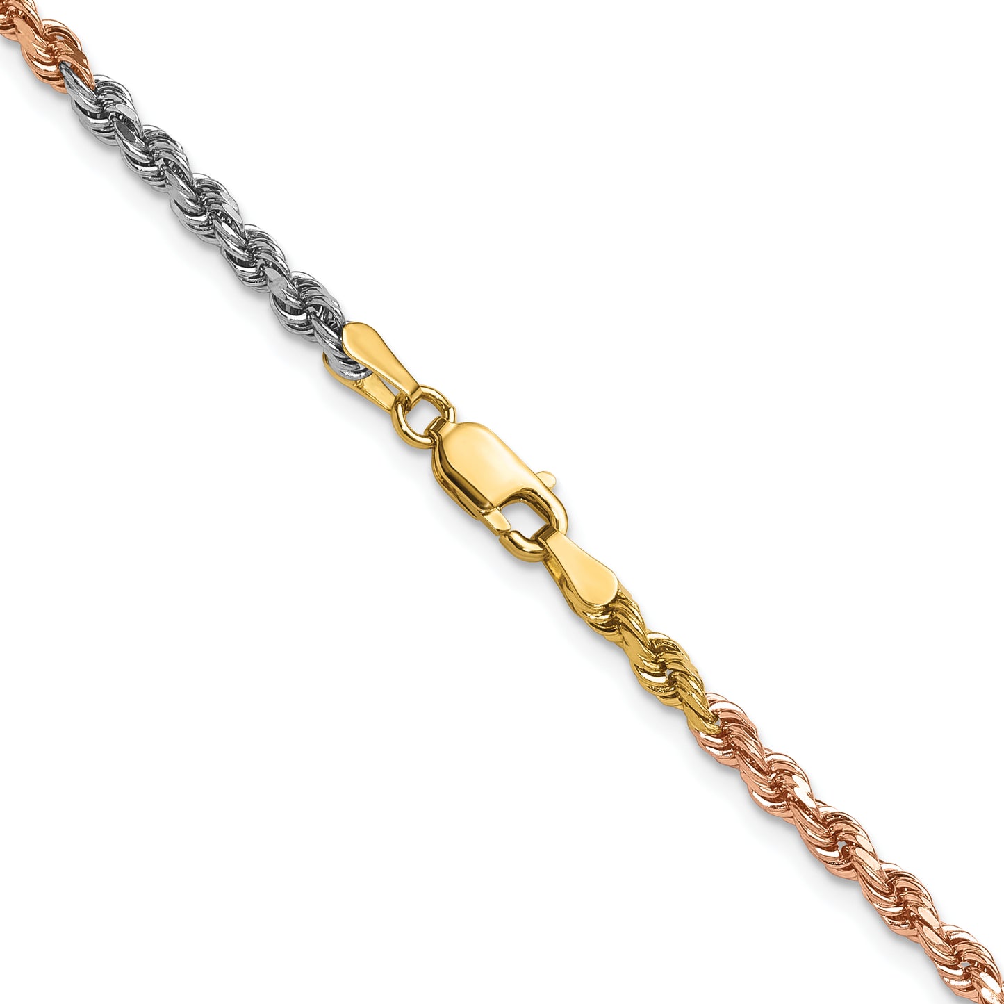 14k Tri-Color Tri-colored 18 inch 3mm Diamond-cut Rope with Lobster Clasp Chain