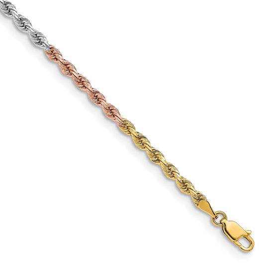 14k Tri-Color Tri-colored 8 inch 3mm Diamond-cut Rope with Lobster Clasp Chain