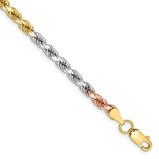 14k Tri-Color Tri-colored 7 inch 4mm Diamond-cut Rope with Lobster Clasp Chain