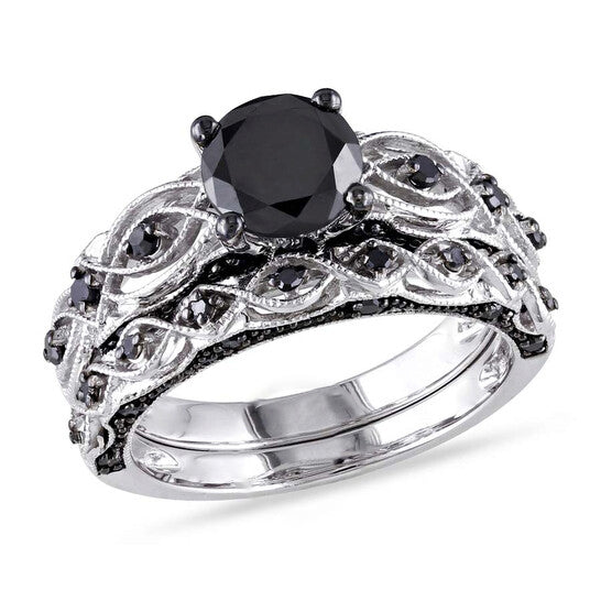 Original 1 3/8 CT TW Black Diamond Bridal Set in 10k White Gold with Black Rhodium