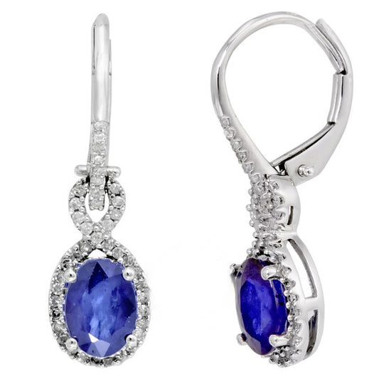 Original AMOUR Oval Diffused Sapphire and 1/4 CT TW Diamond Leverback Earrings In 10K White Gold