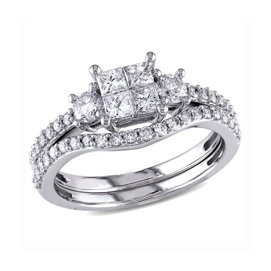 Original 1 CT Princess and Round Diamonds TW Bridal Set Ring  14k White Gold GH I2;I3