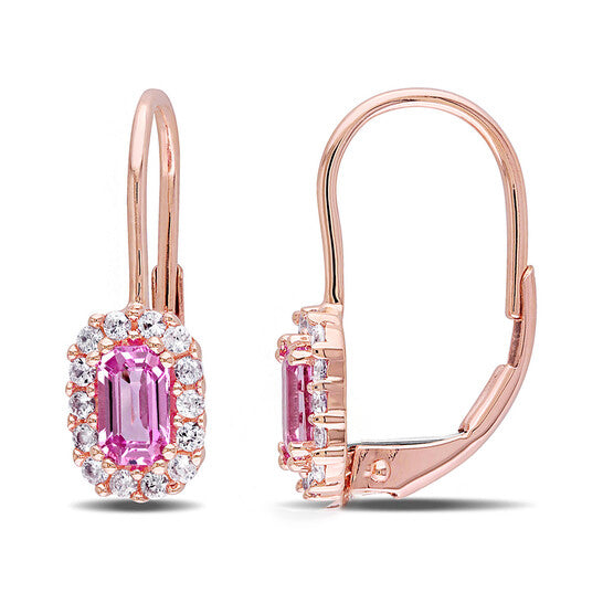 Original AMOUR Pink and White Sapphire Halo Leverback Earrings In 10K Rose Gold