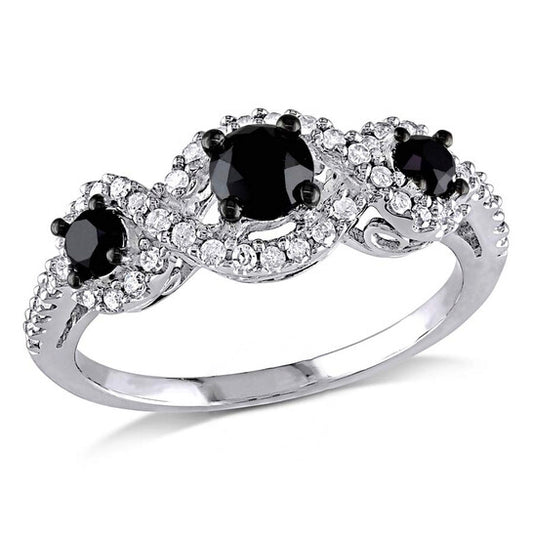 Original 1 CT TW Black & White Halo 3 Stone Diamond Engagement Ring in 10k White Gold