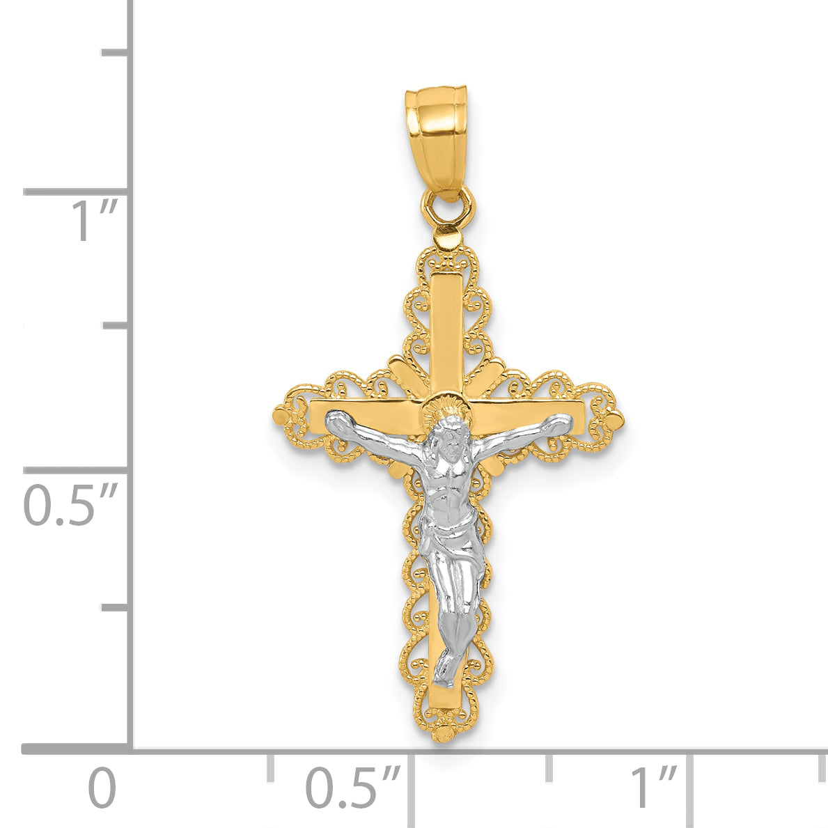 10k Yellow w/Rhodium w/ Rhodium Filigree Crucifix Pendant