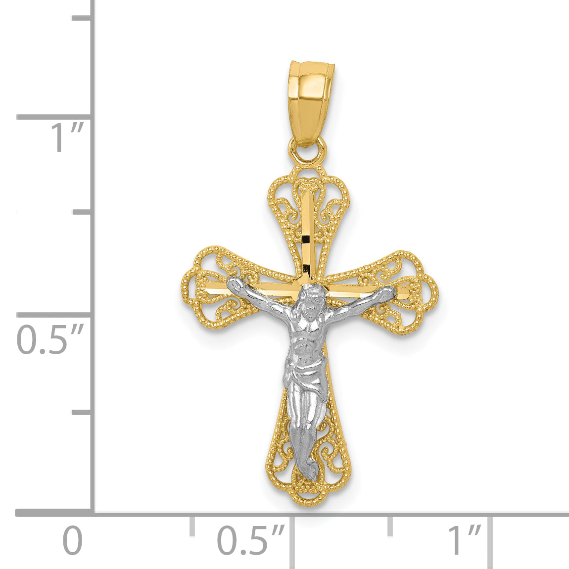 10k Yellow w/Rhodium w/ Rhodium Filigree Crucifix Pendant