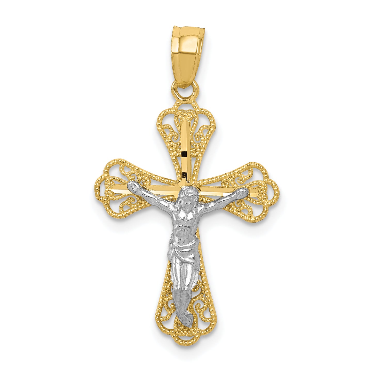 10k Yellow w/Rhodium w/ Rhodium Filigree Crucifix Pendant