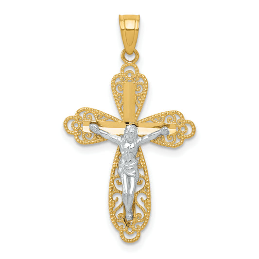 10k Yellow w/Rhodium w/ Rhodium Filigree Crucifix Pendant