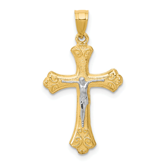 10k Yellow w/Rhodium Fleur De Lis Crucifix Pendant