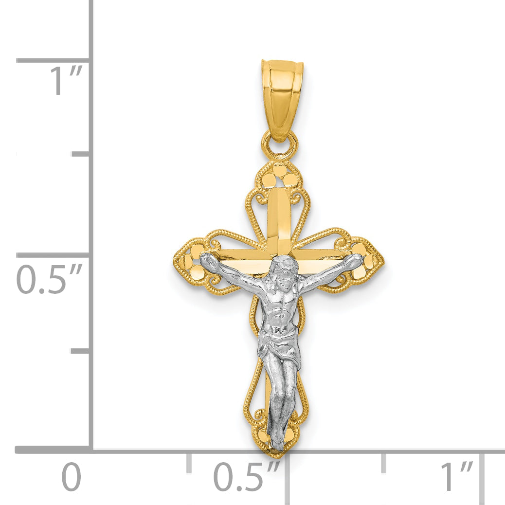 10k Yellow w/Rhodium Filigree Crucifix Pendant