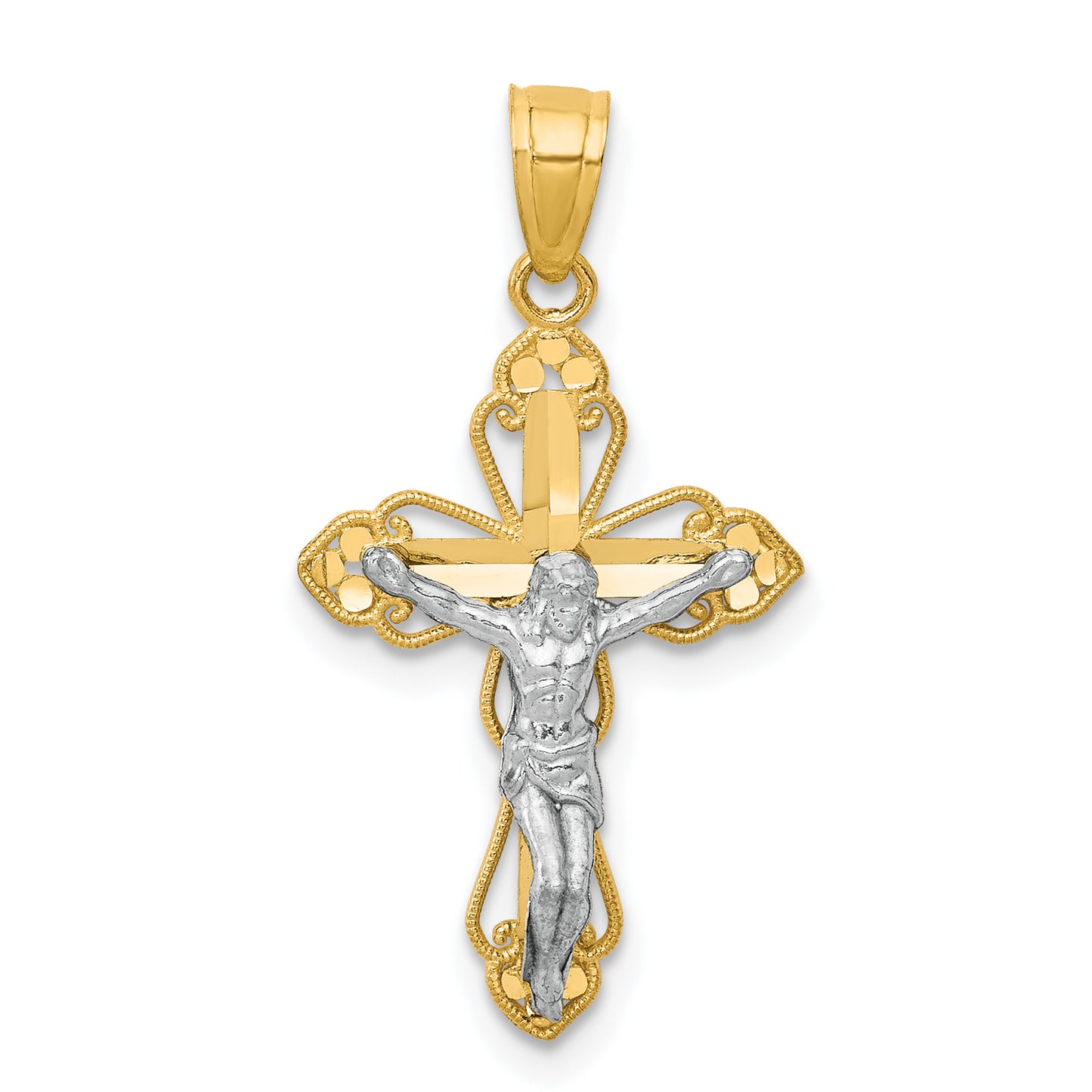 10k Yellow w/Rhodium Filigree Crucifix Pendant