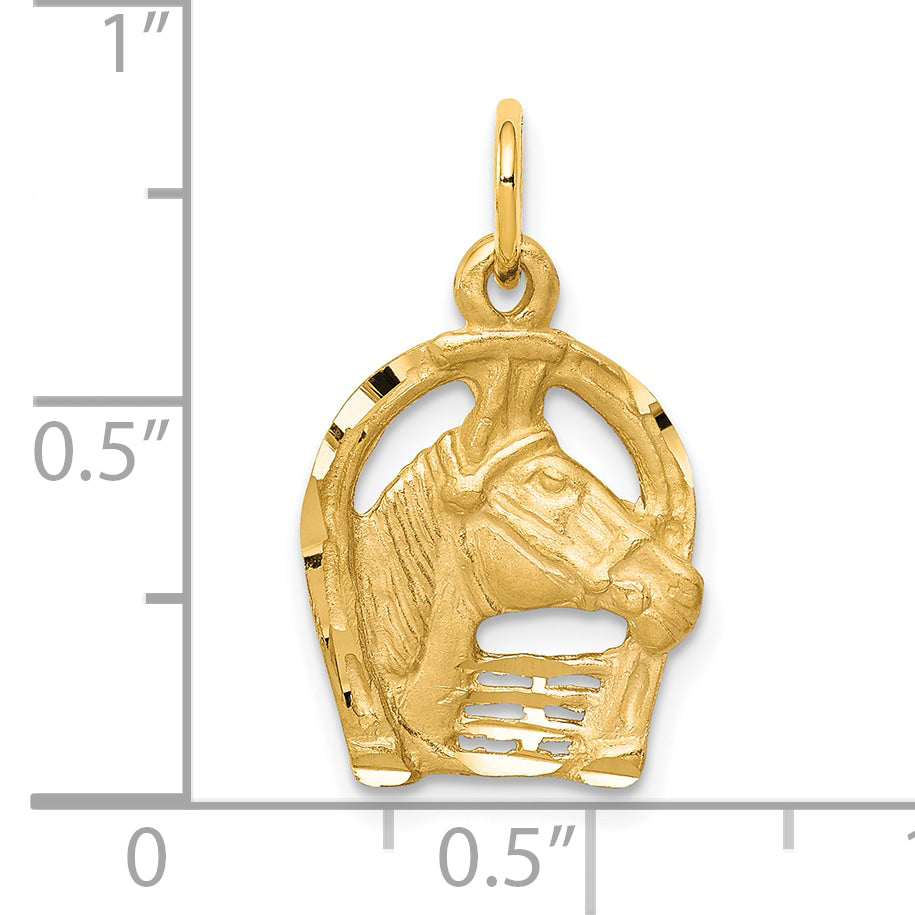 10k Yellow Gold Solid Diamond-cut Horsehead in Horseshoe Charm