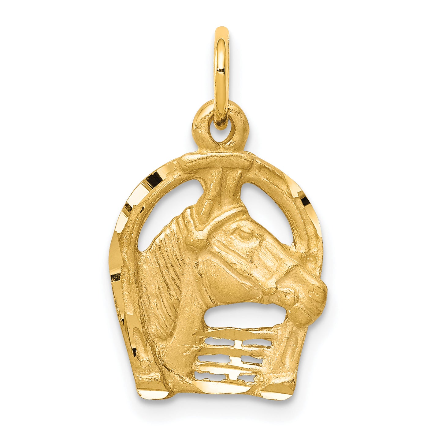 10k Yellow Gold Solid Diamond-cut Horsehead in Horseshoe Charm