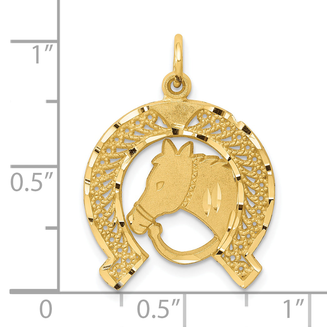 10k Yellow Gold Solid Flat-Backed Horsehead in Horseshoe Charm