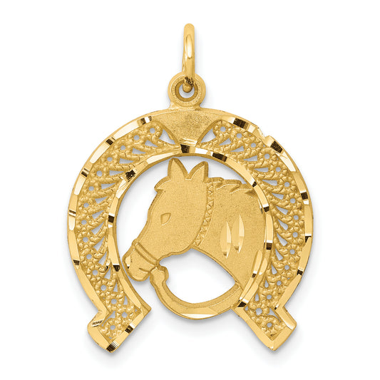 10k Yellow Gold Solid Flat-Backed Horsehead in Horseshoe Charm