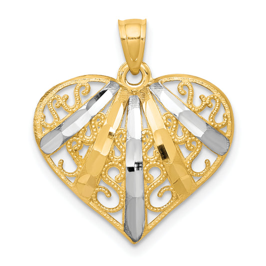 10K Yellow W/Rhodium Diamond-Cut Filigree Heart Pendant