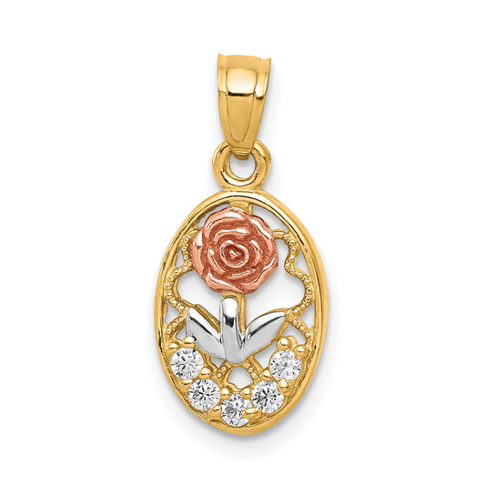 10K Two-Tone W/White Rhodium Cz Rose Charm