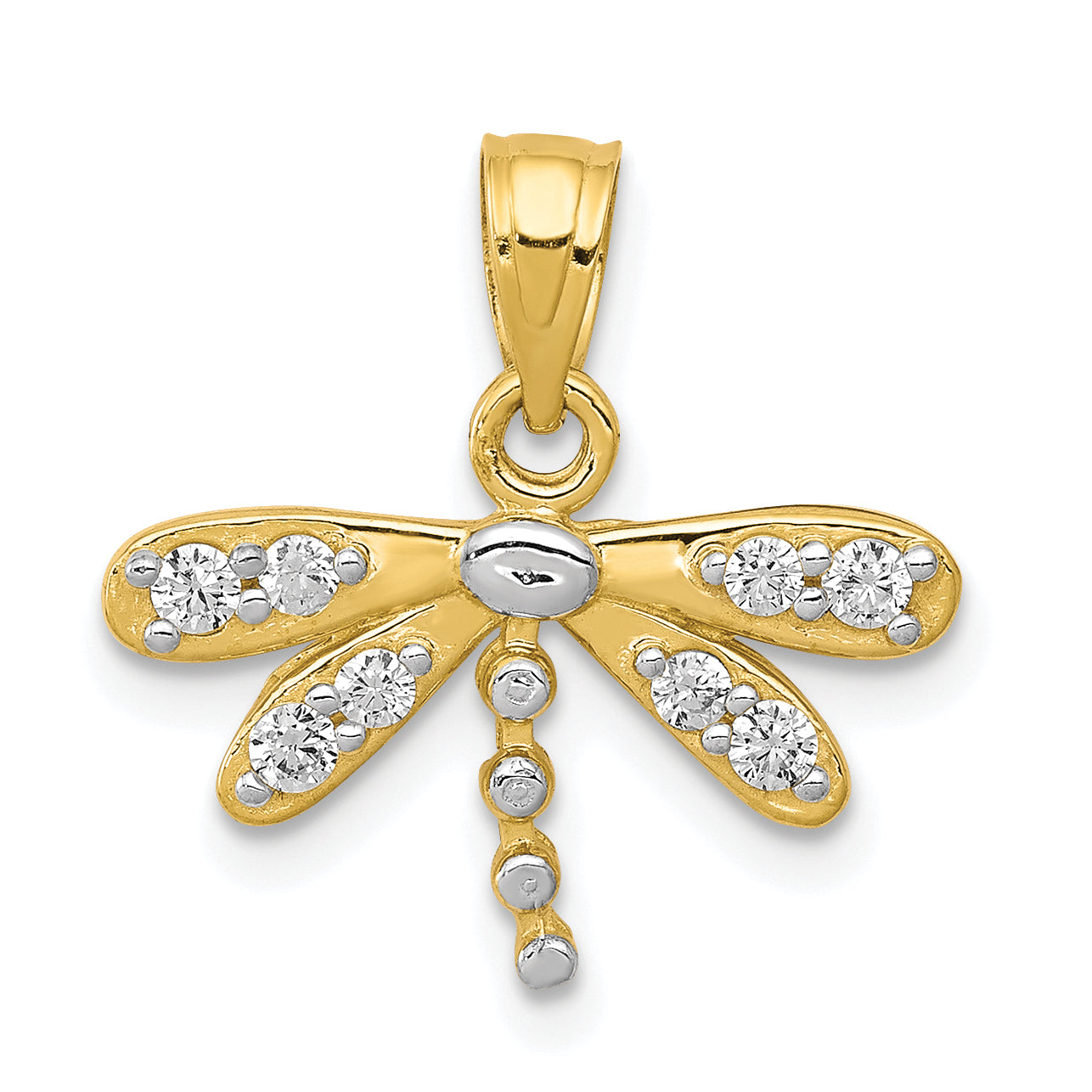 10K Yellow W/Rhodium W/ Rhodium Cz Dragonfly Charm