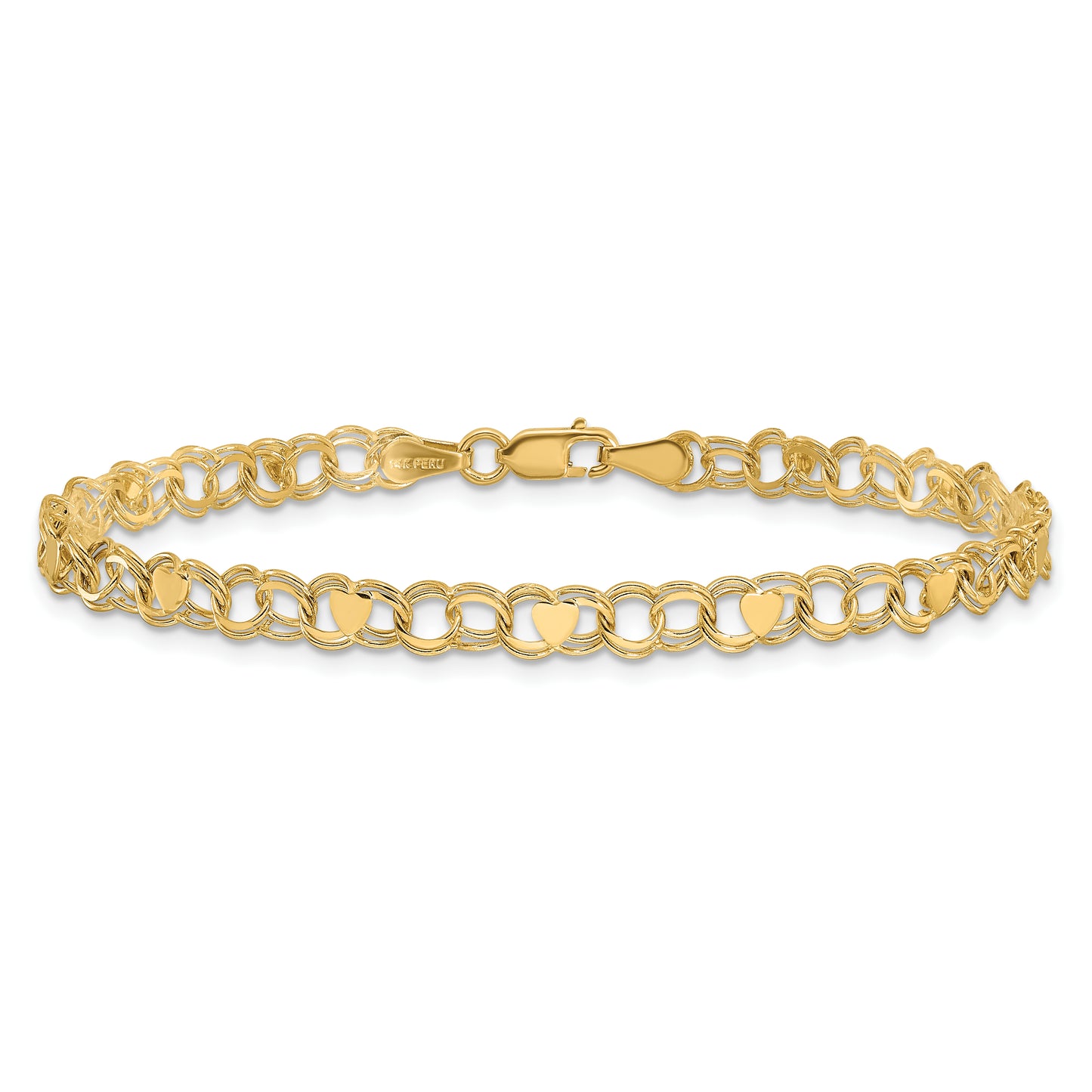 10K Yellow Gold Double Link With Hearts Charm Bracelet