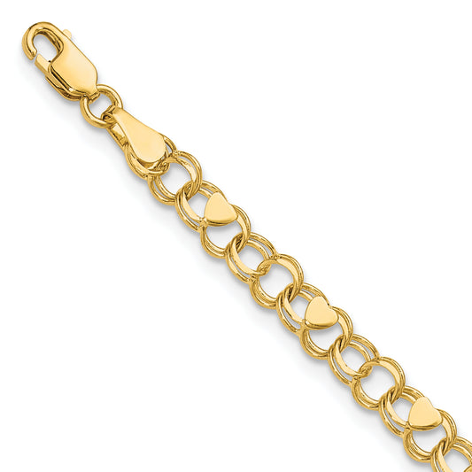 10K Yellow Gold Double Link With Hearts Charm Bracelet