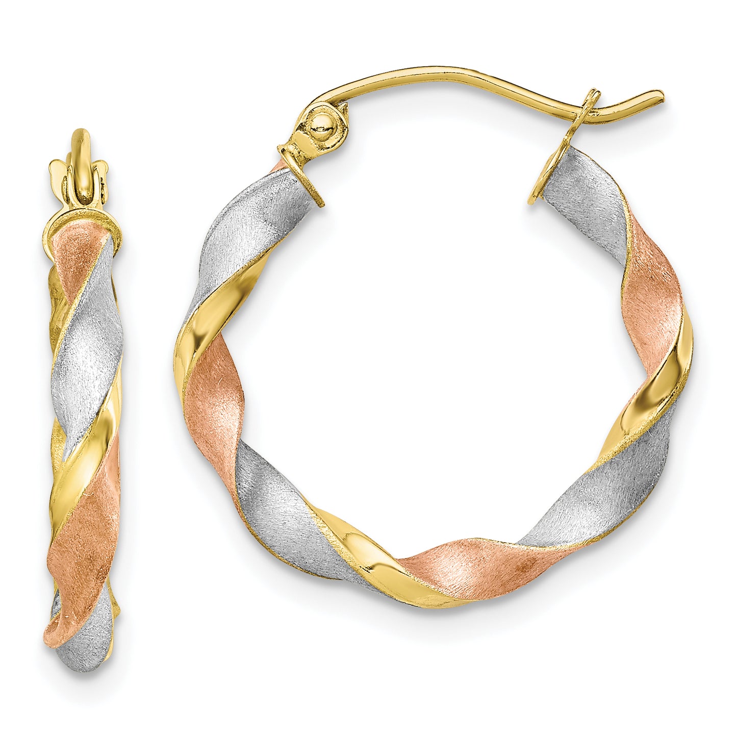 10K Yellow W/Rhodium White & Rose Rhodium Satin Twisted Hoop Earrings