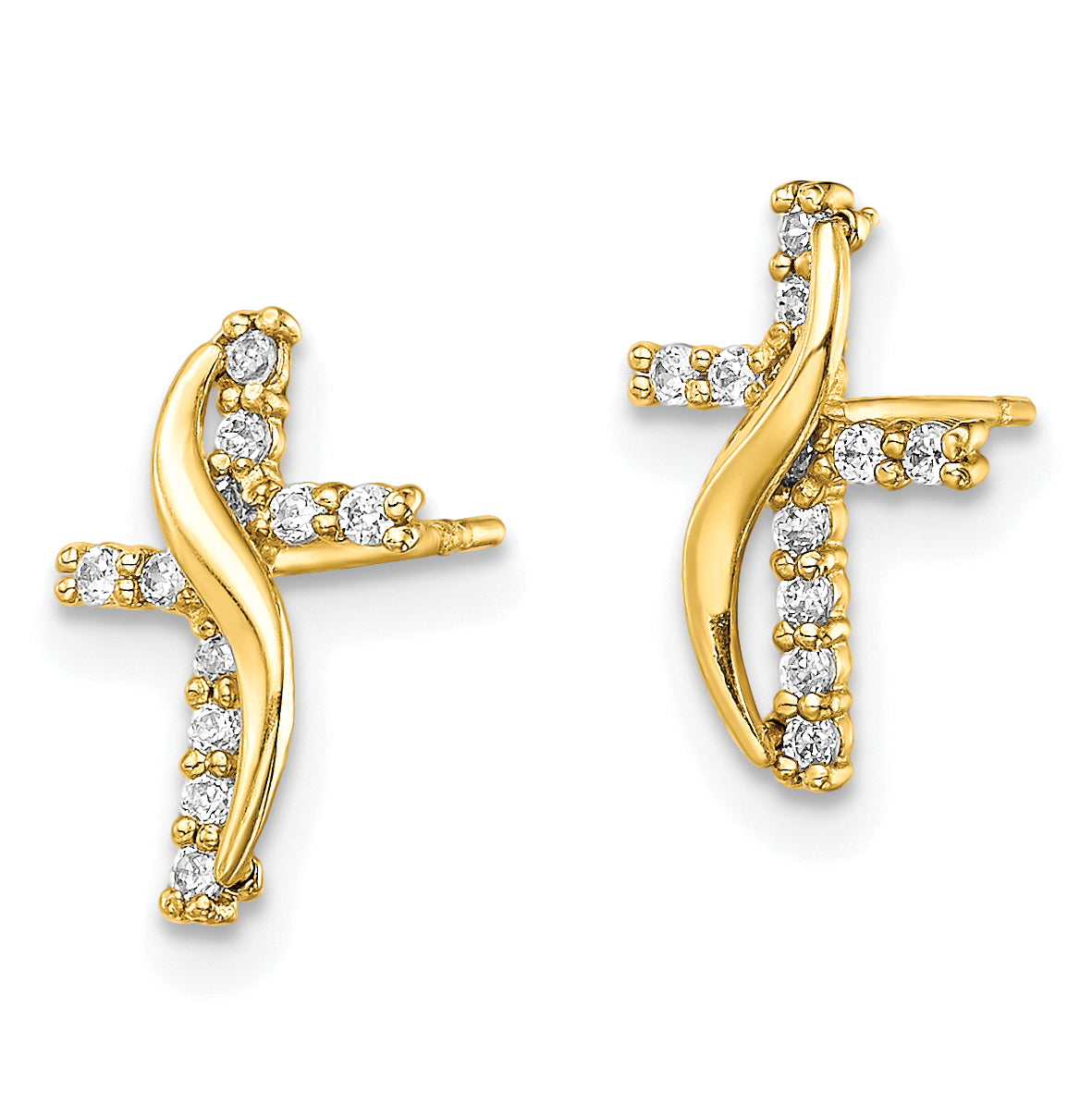 10K Yellow Gold Cz Cross Post Earrings