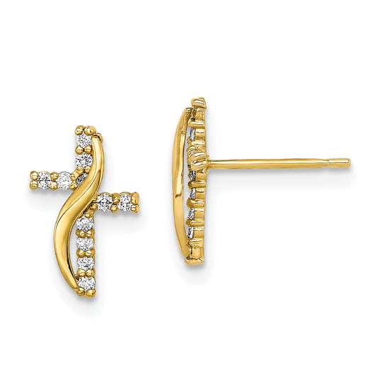 10K Yellow Gold Cz Cross Post Earrings