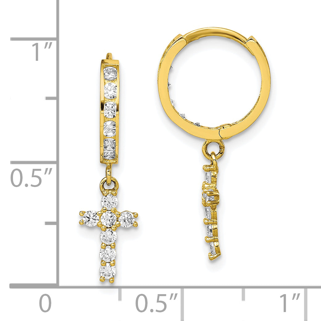 10K Yellow Gold Cz Cross Hinged Hoop Earrings