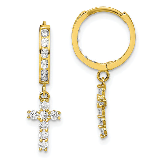 10K Yellow Gold Cz Cross Hinged Hoop Earrings