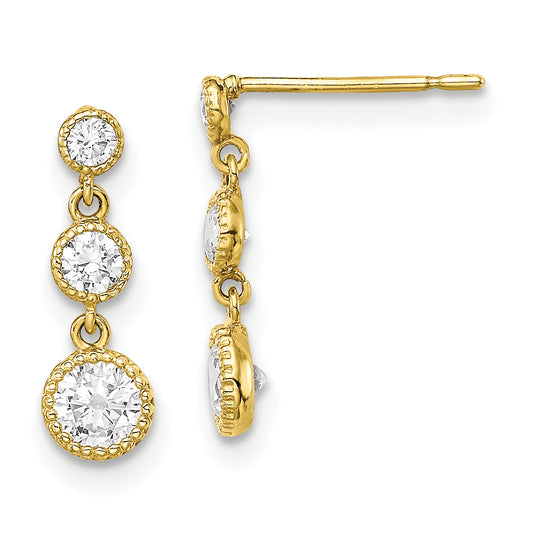 10K Yellow Gold Cz 3 Stone Dangle Earrings